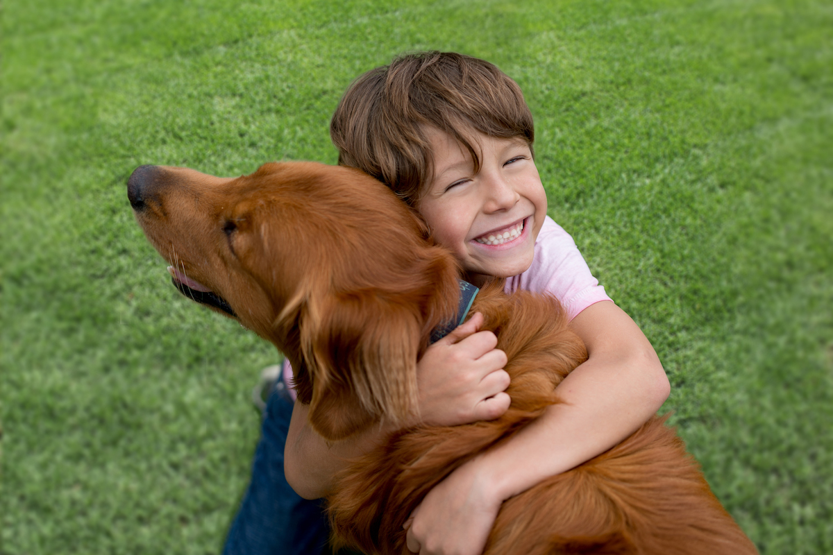 Boy hugging dog on Tiftuf lawn in Australia